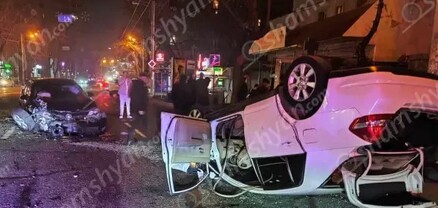 Երևանում՝ Բաղրամյան պողոտայում, բախվել են Toyota-ն ու Nissan-ը․ վերջինը գլխիվայր շրջվել է․ shamshyan.com