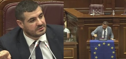 Արման Բաբաջանյանը ԱԺ ամբիոնից ԵՄ դրոշը կախեց և կալոշ թափահարեց